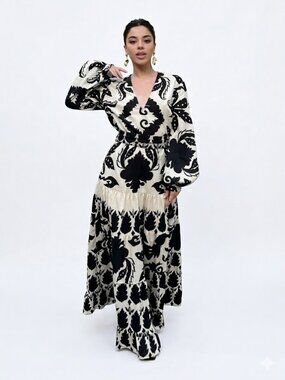 ZARA Printed Cotton Maxi Dress Black Cream Damask V-Neck Tiered Ruffle Medium